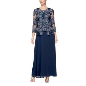 Alex Evenings Floral Embroidered Maxi 2 Piece Evening Dress Gown in Navy NWT
